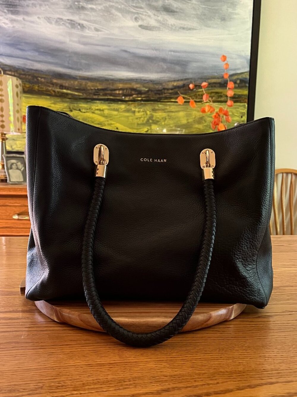 ✨ Cole Haan Benson Large Black Leather Tote Braided Handles Gold Hardware